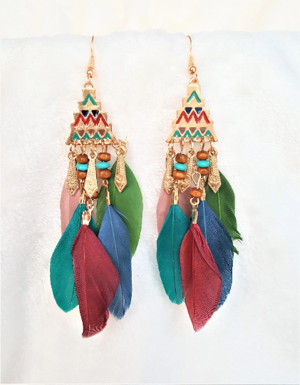 Feather Earring Bohemian Multicolored, Boho Earrings Beads Gold, Statement Earring, Bohemian Jewelry - Urban Flair USA