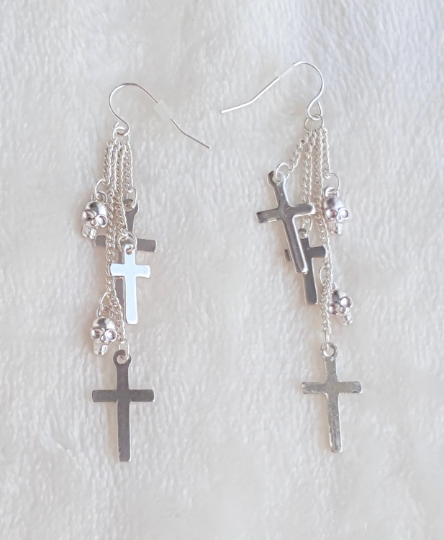 Skull, Cross, Chain Fringes Dangle Drop Earrings, Chain Fringes with Skull, Cross Accents - Urban Flair USA