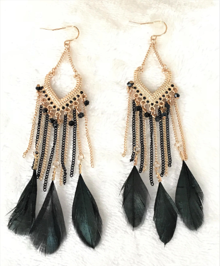 Feather Earrings Black Gold tone Metal w/Black Chain Fringe, Statement Earring, Black Feather Earrings, Bohemian Feather Earrings - Urban Flair USA