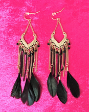 Load image into Gallery viewer, Feather Earrings Black Gold tone Metal w/Black Chain Fringe, Statement Earring, Black Feather Earrings, Bohemian Feather Earrings - Urban Flair USA