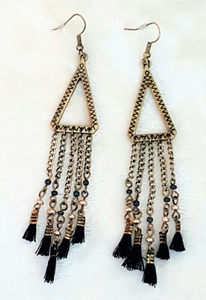 Fashion Earrings Dangle Drop Oxidized Gold tone Metal, Black Threaded Tassels, Statement Earring - Urban Flair USA